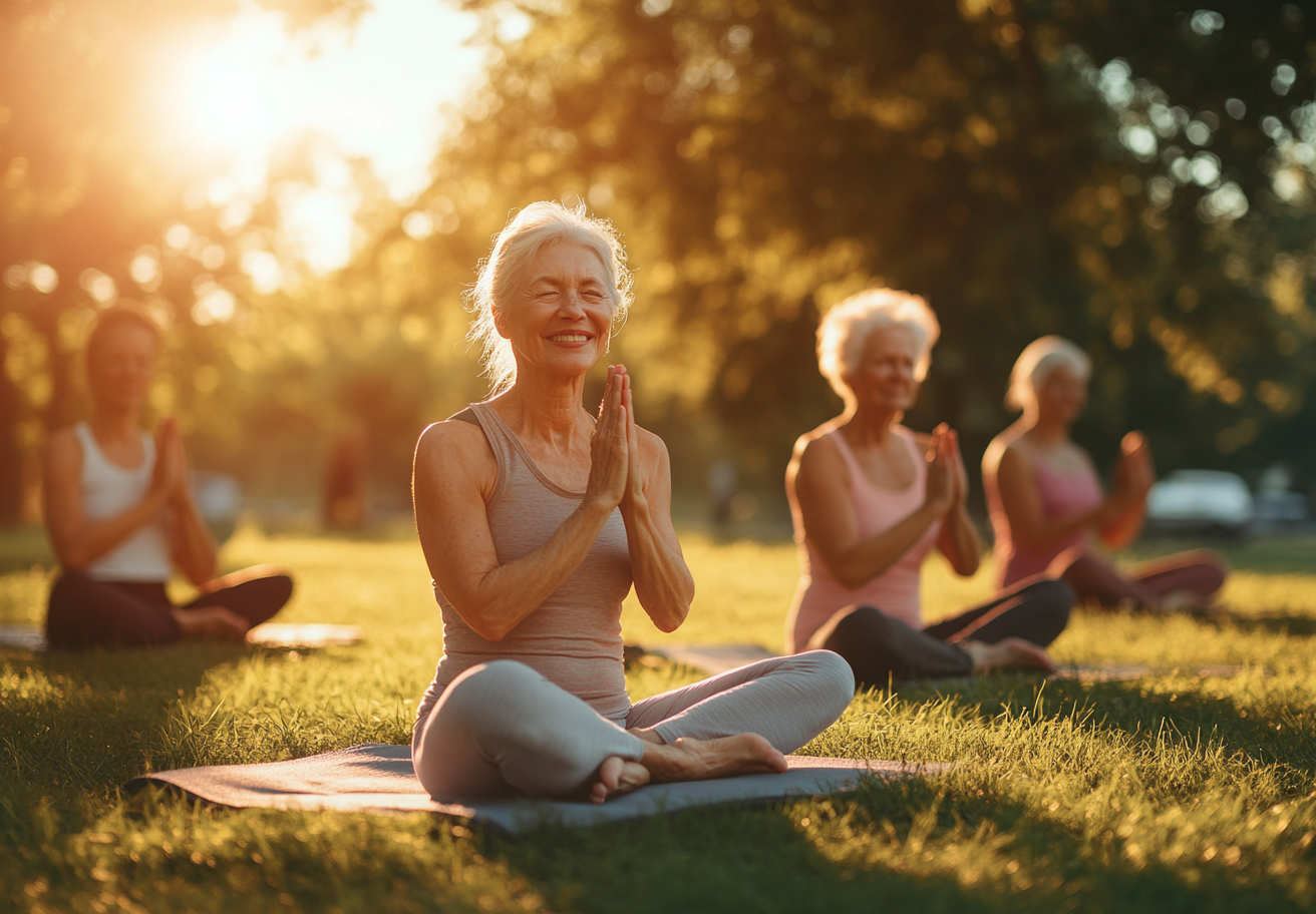 Старші люди займаються йогою